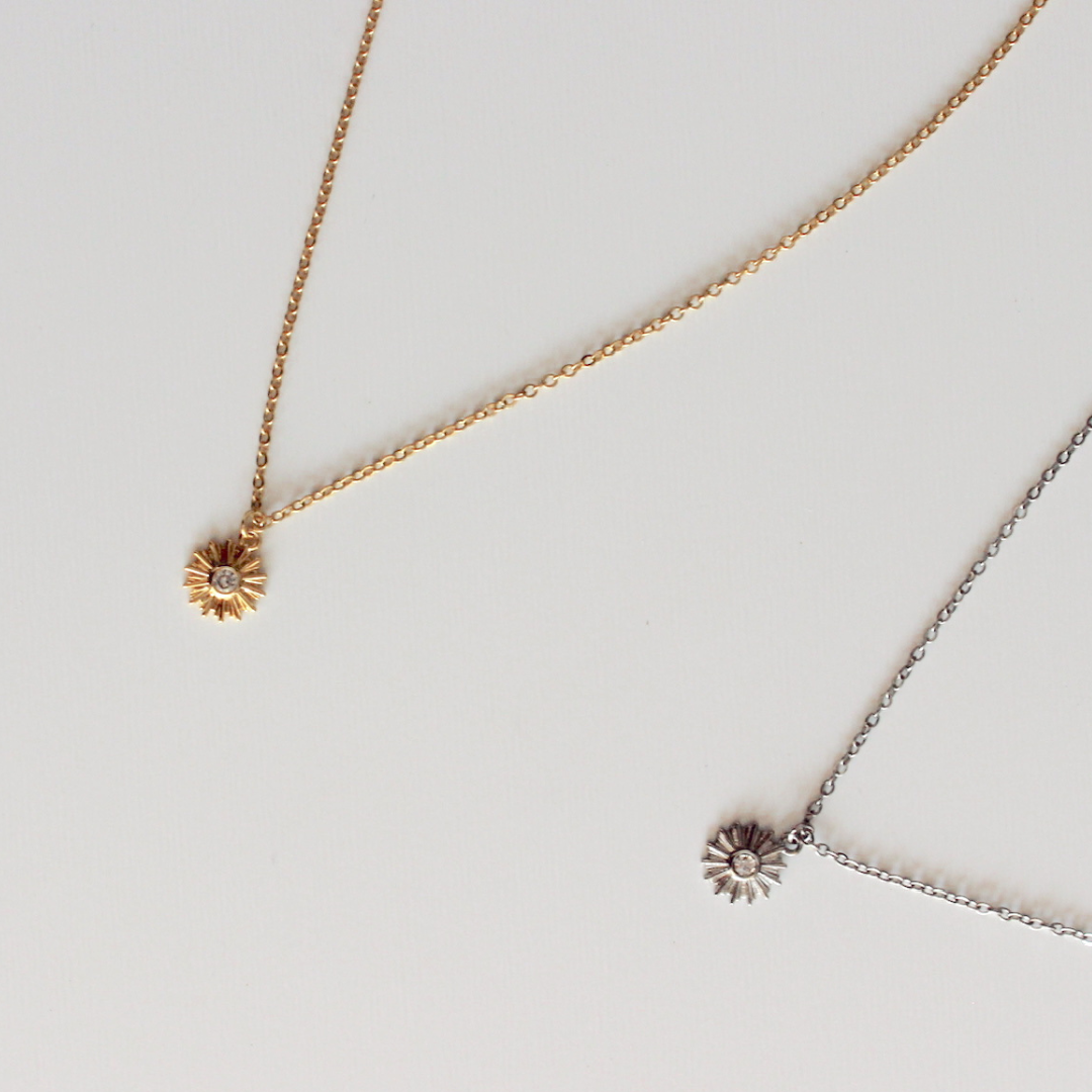 Catholic Eucharist Necklace available in gold and silver, layed on top of a white background.