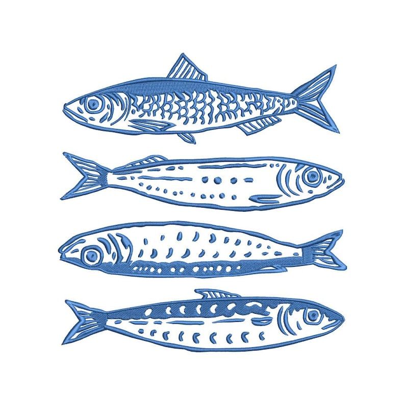 4 blue fish stacked on eachother