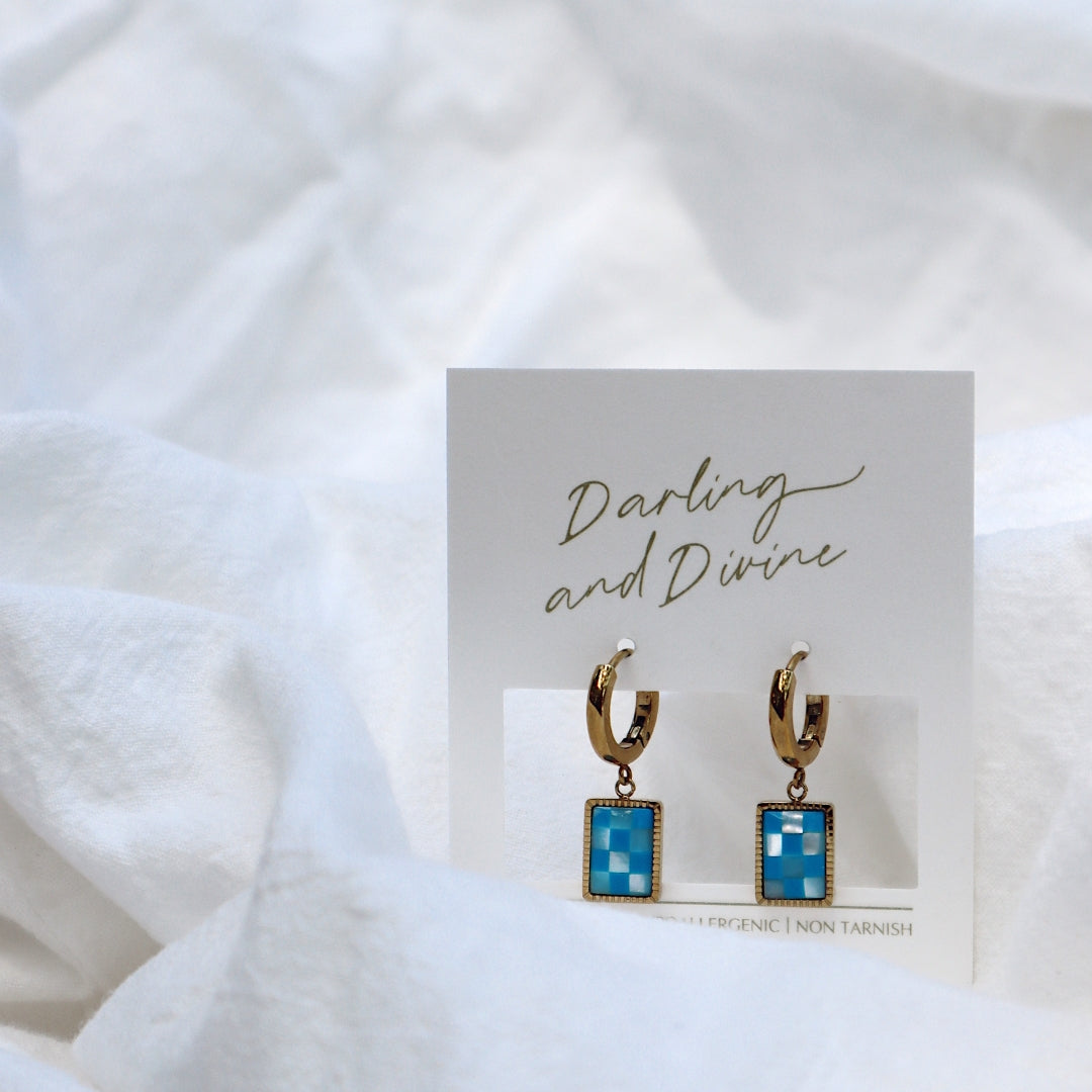 Gold blue checkered earrings