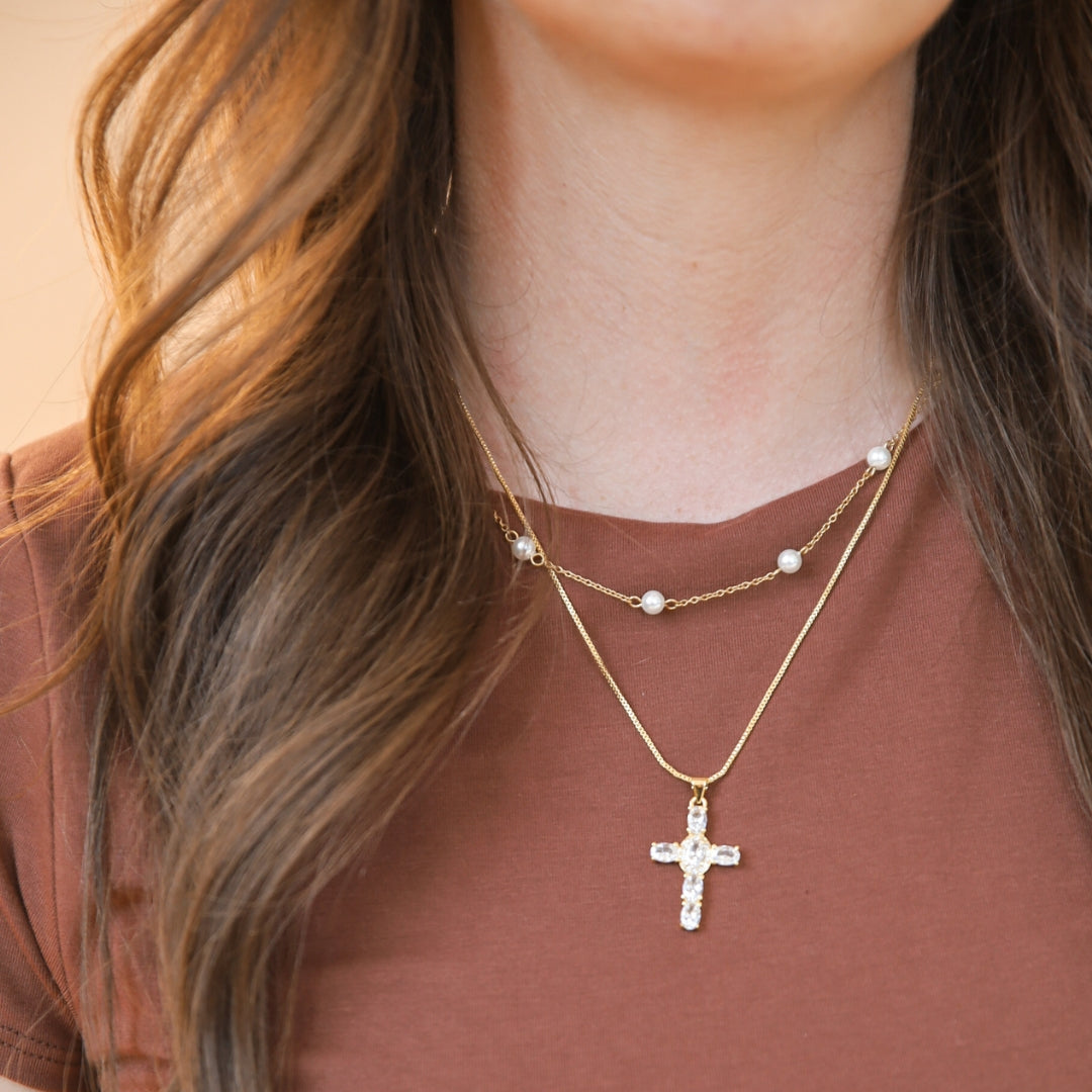 Crystal cross with pearl chain