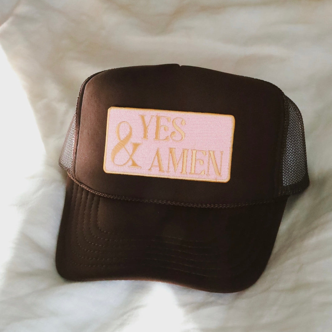 Brown orange pink trucker hat