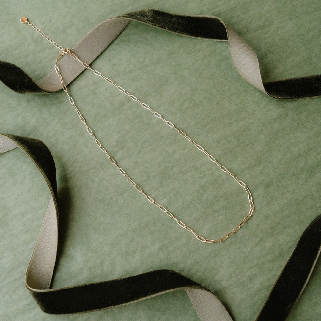 Paperclip necklace laid on green background